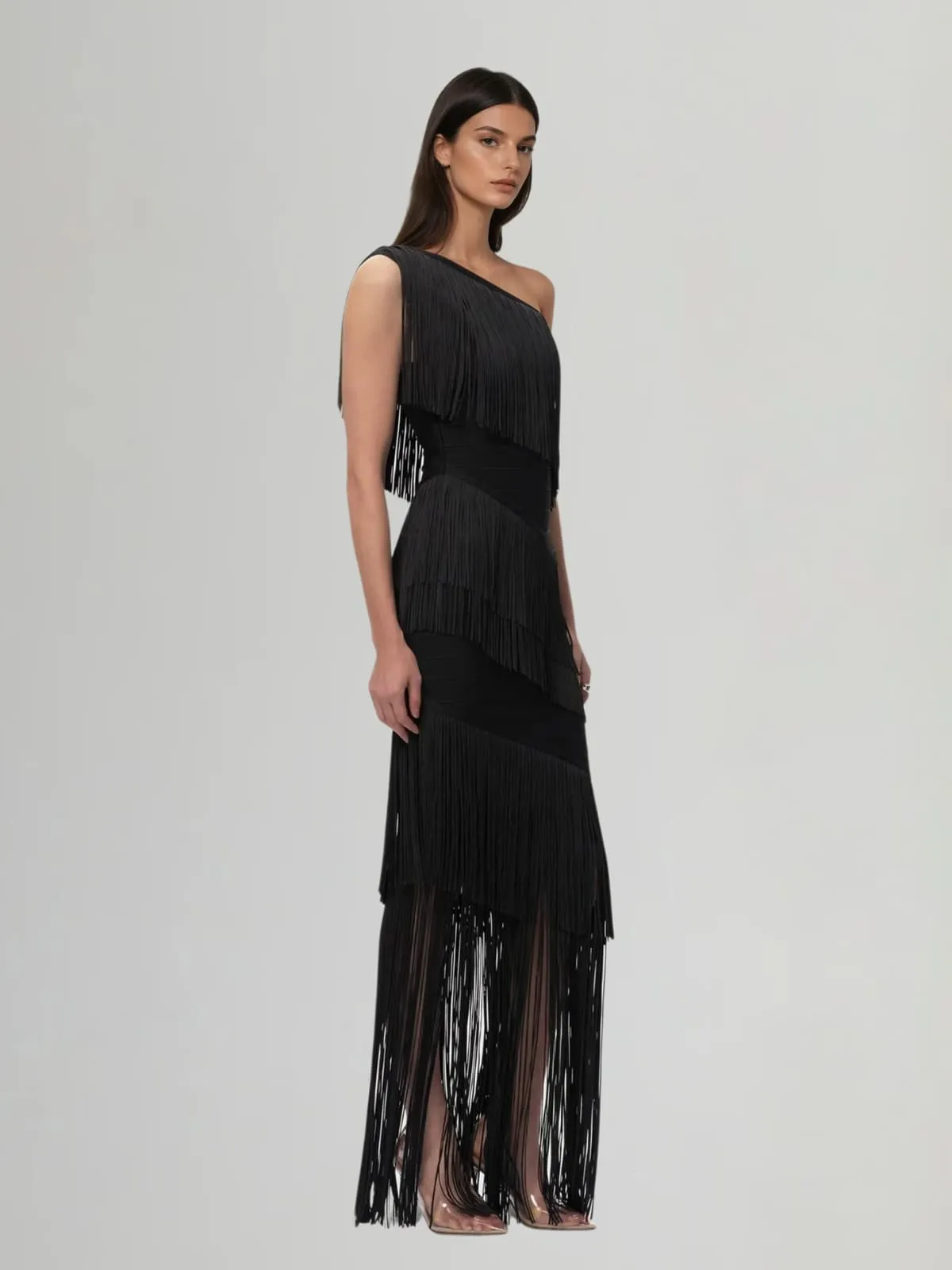 Kreutzix One Shoulder Fringe Bandage Maxi Dress sold by Mew Mews product image thumbnail 2