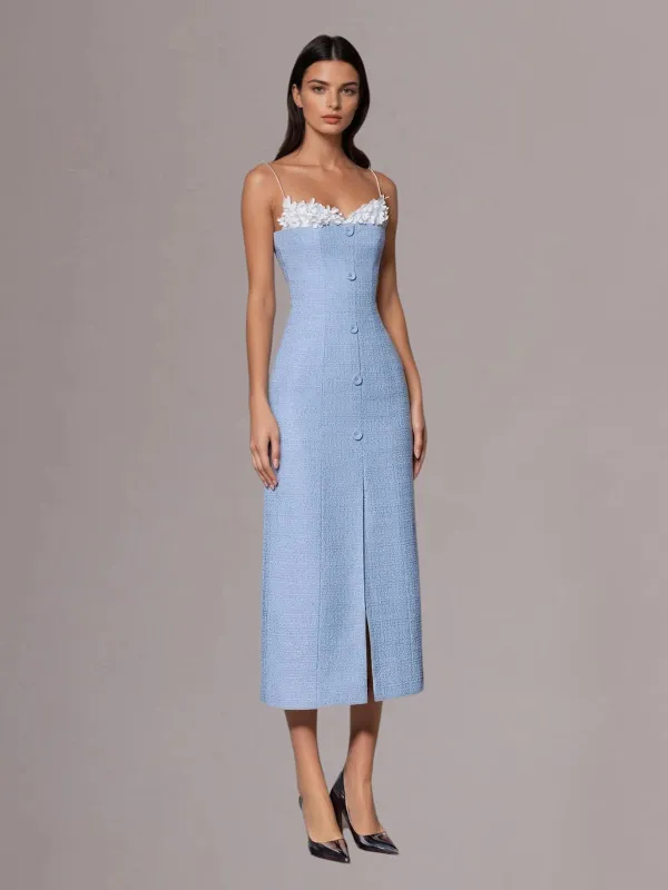 Kuratox Spaghetti Flower Split Midi Dress In Blue sold by Mew Mews