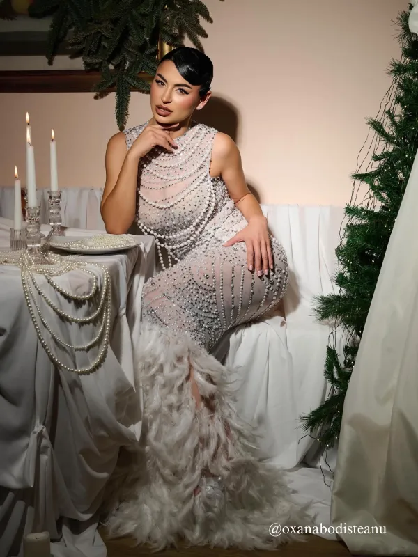 Taelyth Pearl Chain Feather Maxi Dress sold by Mew Mews