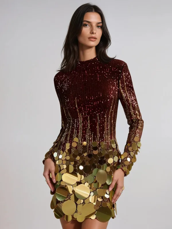 Aistulf Long Sleeve Round Sequin Mini Dress In Red & Gold made by Mew Mews