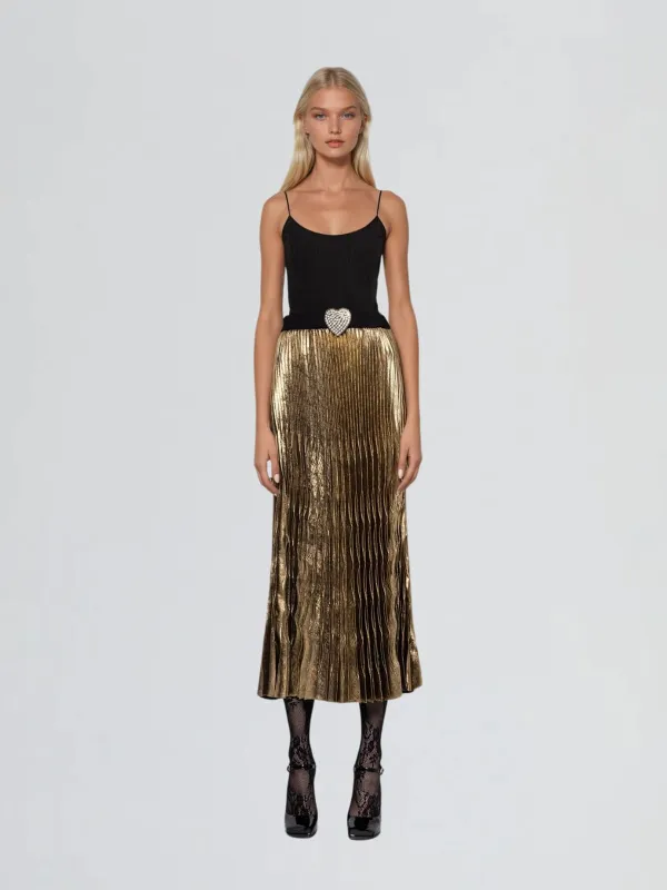 Kernigan Pleated Metallic Skirt In Gold sold by Mew Mews