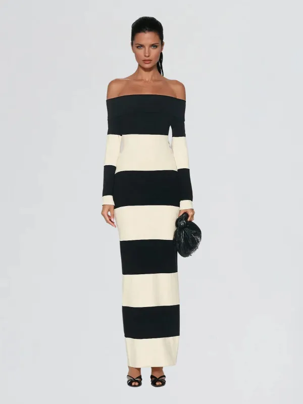 Katzent Off Shoulder Stripe Knit Maxi Dress made by Mew Mews