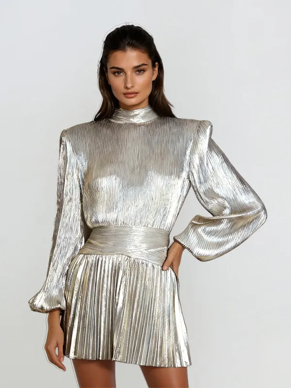 Hamilton Pleated Metallic Dress In Silver made by Mew Mews