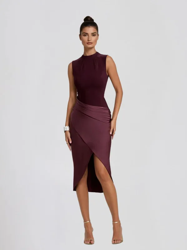 Heliona Sleeveless Split Satin Midi Dress made by Mew Mews