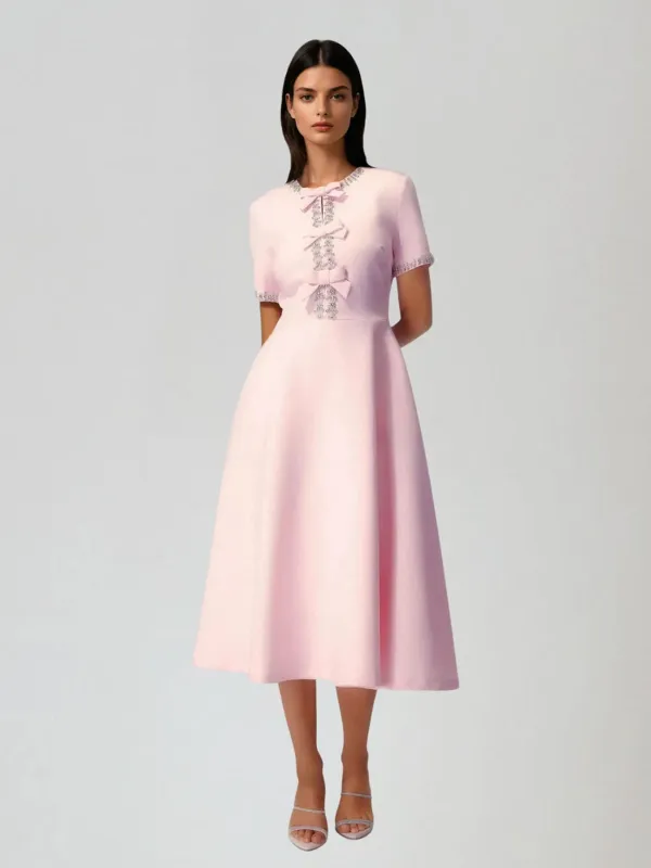 Kinetix Short Sleeve Bow Rhinestone Midi Dress made by Mew Mews