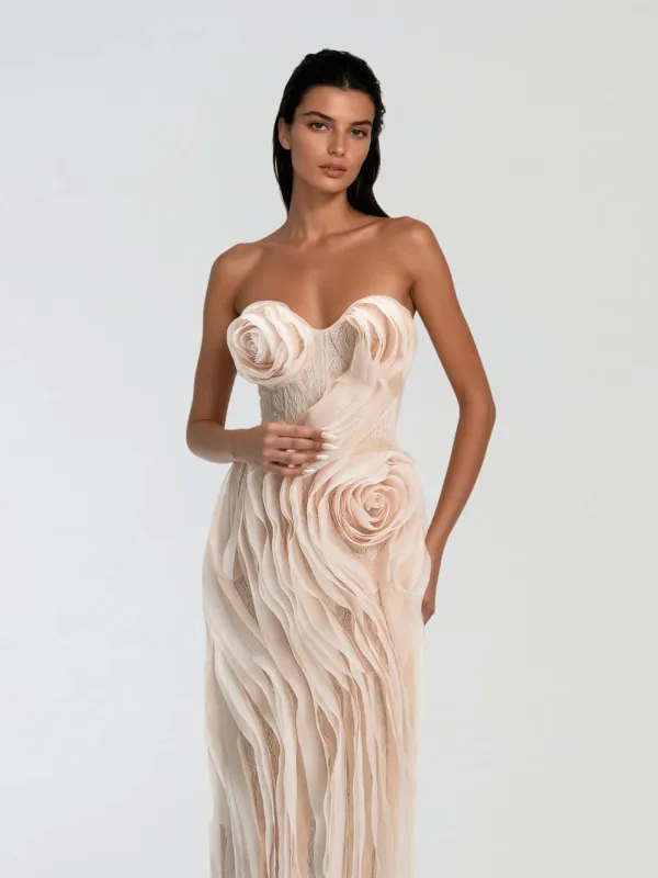 Dendriton Strapless Flower Ruched Midi Dress sold by Mew Mews