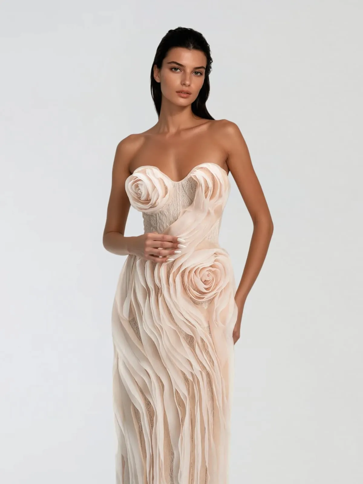 Dendriton Strapless Flower Ruched Midi Dress sold by Mew Mews