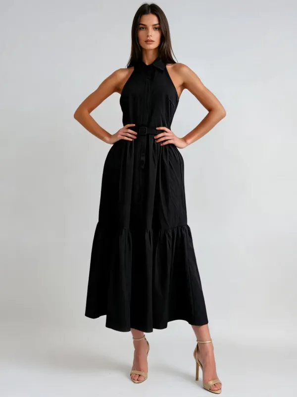 Lovelock Folded Collar Belt Maxi Dress In Black made by Mew Mews