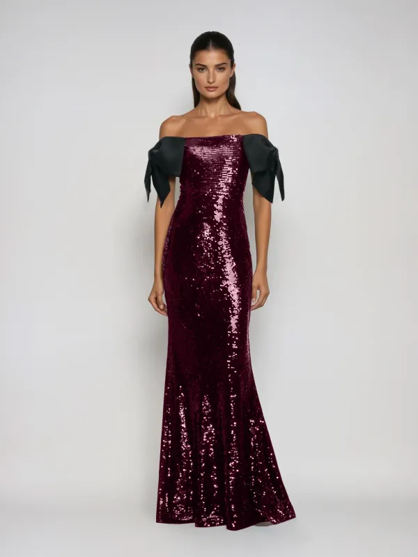Transgenix Off Shoulder Bow Sequin Maxi Dress sold by Mew Mews