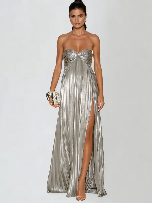 Voidsphere Strapless Pleated Metallic Maxi Dress sold by Mew Mews