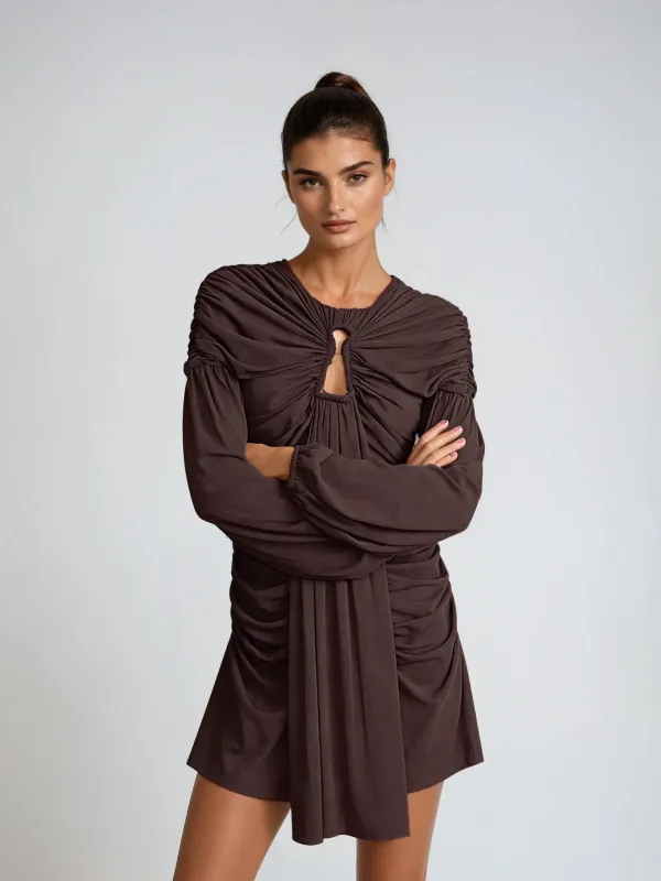 Crisprion Long Sleeve Ruched Draped Mini Dress In Brown sold by Mew Mews