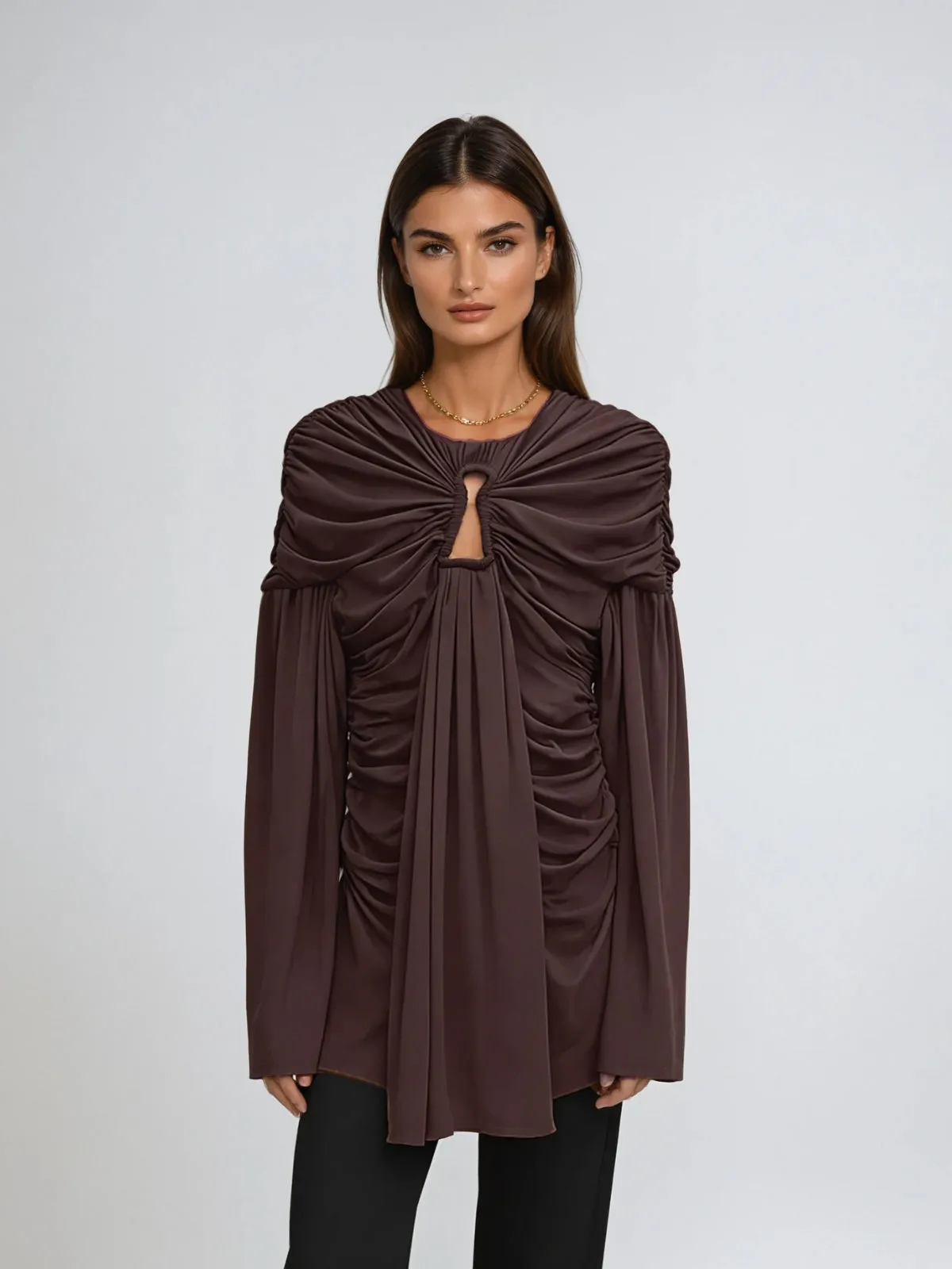 Crisprion Long Sleeve Ruched Draped Mini Dress In Brown sold by Mew Mews product image thumbnail 2