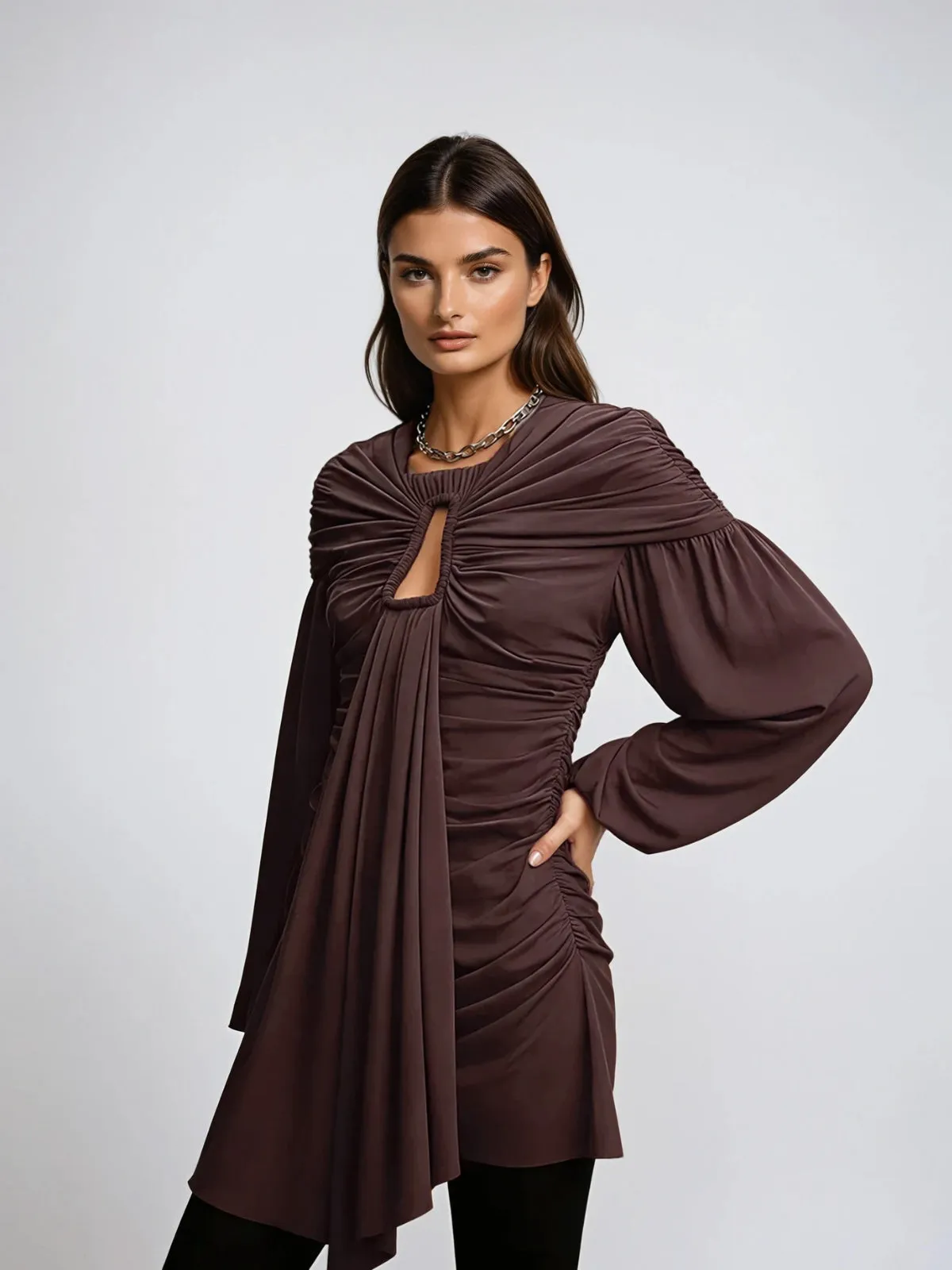 Crisprion Long Sleeve Ruched Draped Mini Dress In Brown sold by Mew Mews product image thumbnail 3