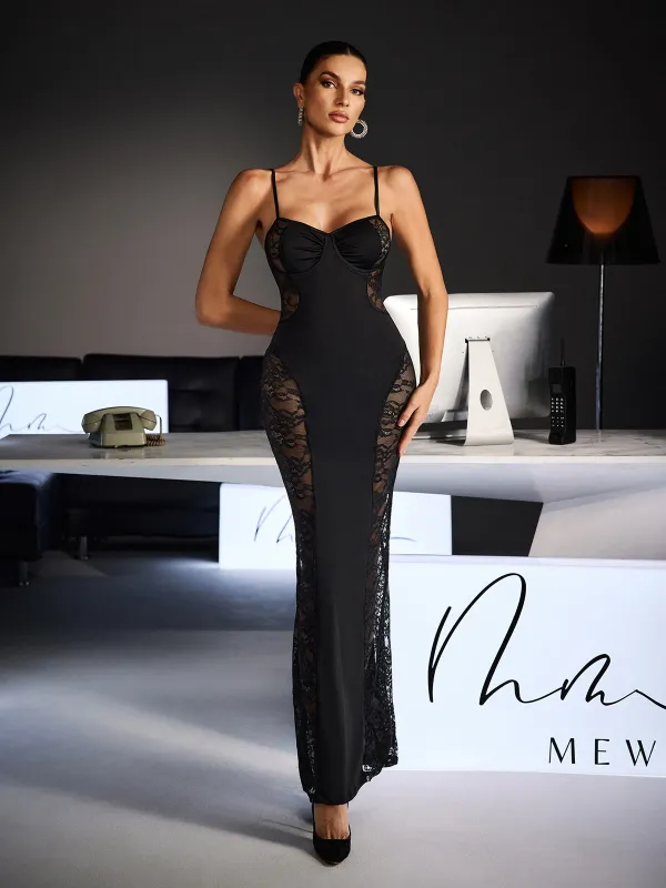 Velyxra Spaghetti Lace Maxi Dress In Black sold by Mew Mews