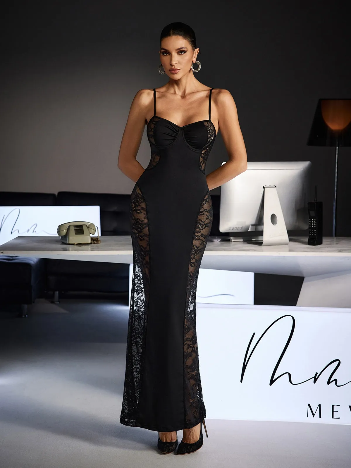 Velyxra Spaghetti Lace Maxi Dress In Black sold by Mew Mews product image thumbnail 3