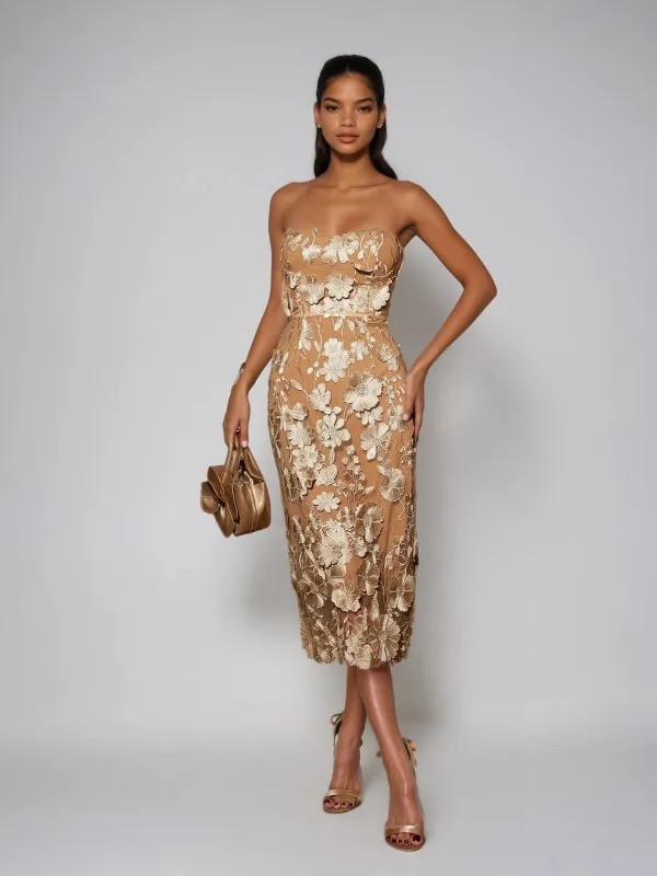 Avital Strapless Flower Midi Dress In Apricot sold by Mew Mews