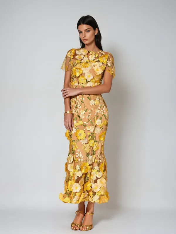 Alirio Embroidered Flower Midi Dress made by Mew Mews