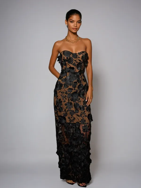 Avital Strapless Flower Maxi Dress In Black sold by Mew Mews