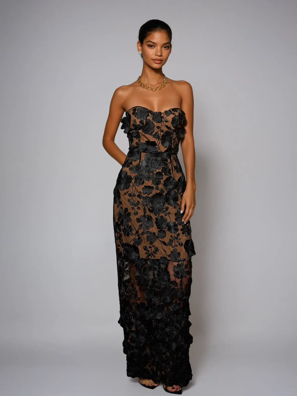 Avital Strapless Flower Maxi Dress In Black sold by Mew Mews