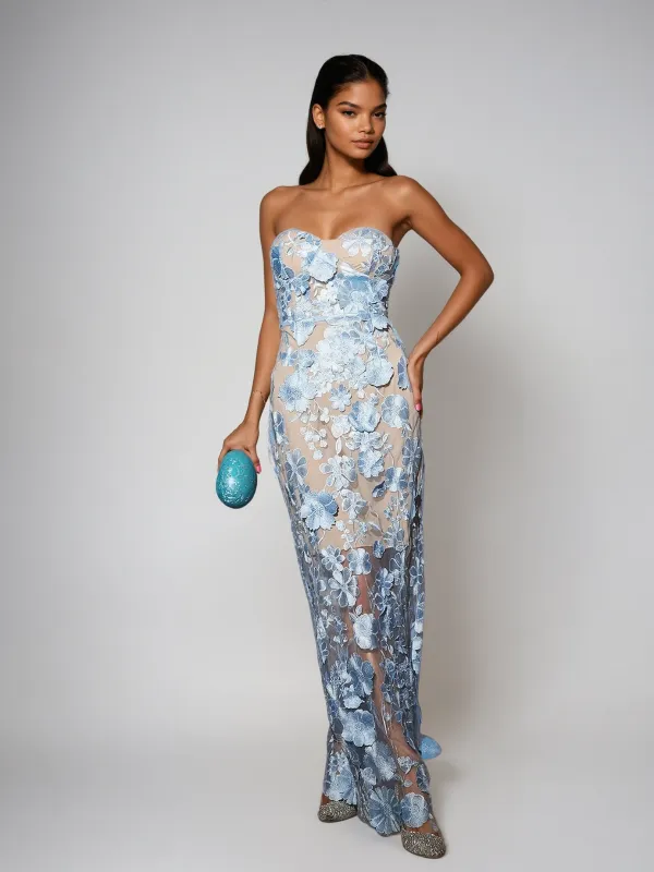 Avital Strapless Flower Maxi Dress In Sky sold by Mew Mews