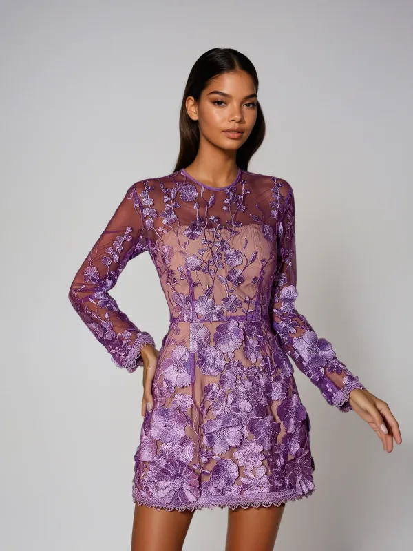 Dallan Long Sleeve Floral Embroidered Mini Dress sold by Mew Mews