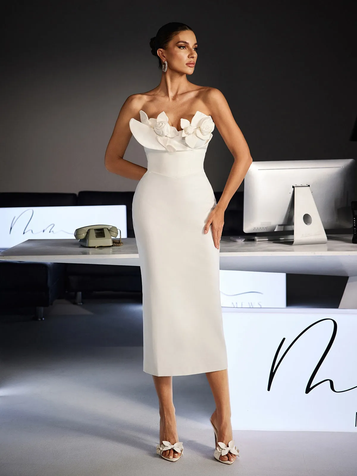 Feruza Strapless Flower Bodycon Midi Dress sold by Mew Mews product image thumbnail 3