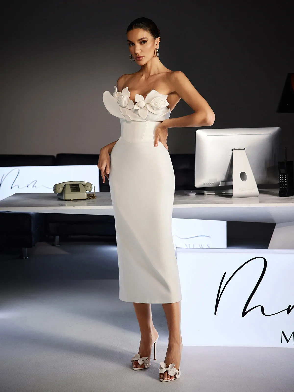 Feruza Strapless Flower Bodycon Midi Dress sold by Mew Mews product image thumbnail 4