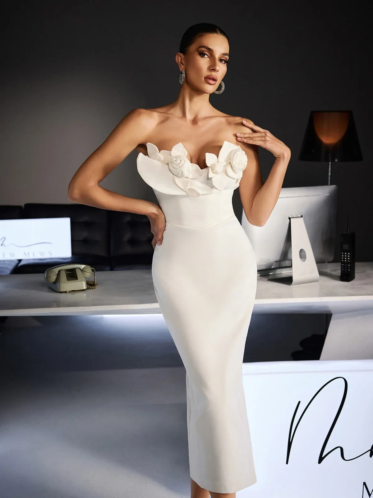 Feruza Strapless Flower Bodycon Midi Dress sold by Mew Mews product image thumbnail 2