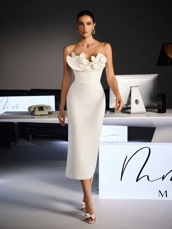 Feruza Strapless Flower Bodycon Midi Dress sold by Mew Mews