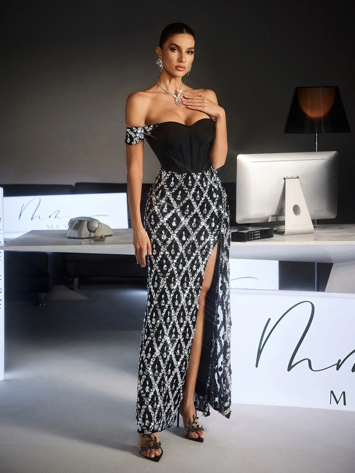 Fidan Off Shoulder Rhinestone Split Maxi Dress sold by Mew Mews product image thumbnail 3