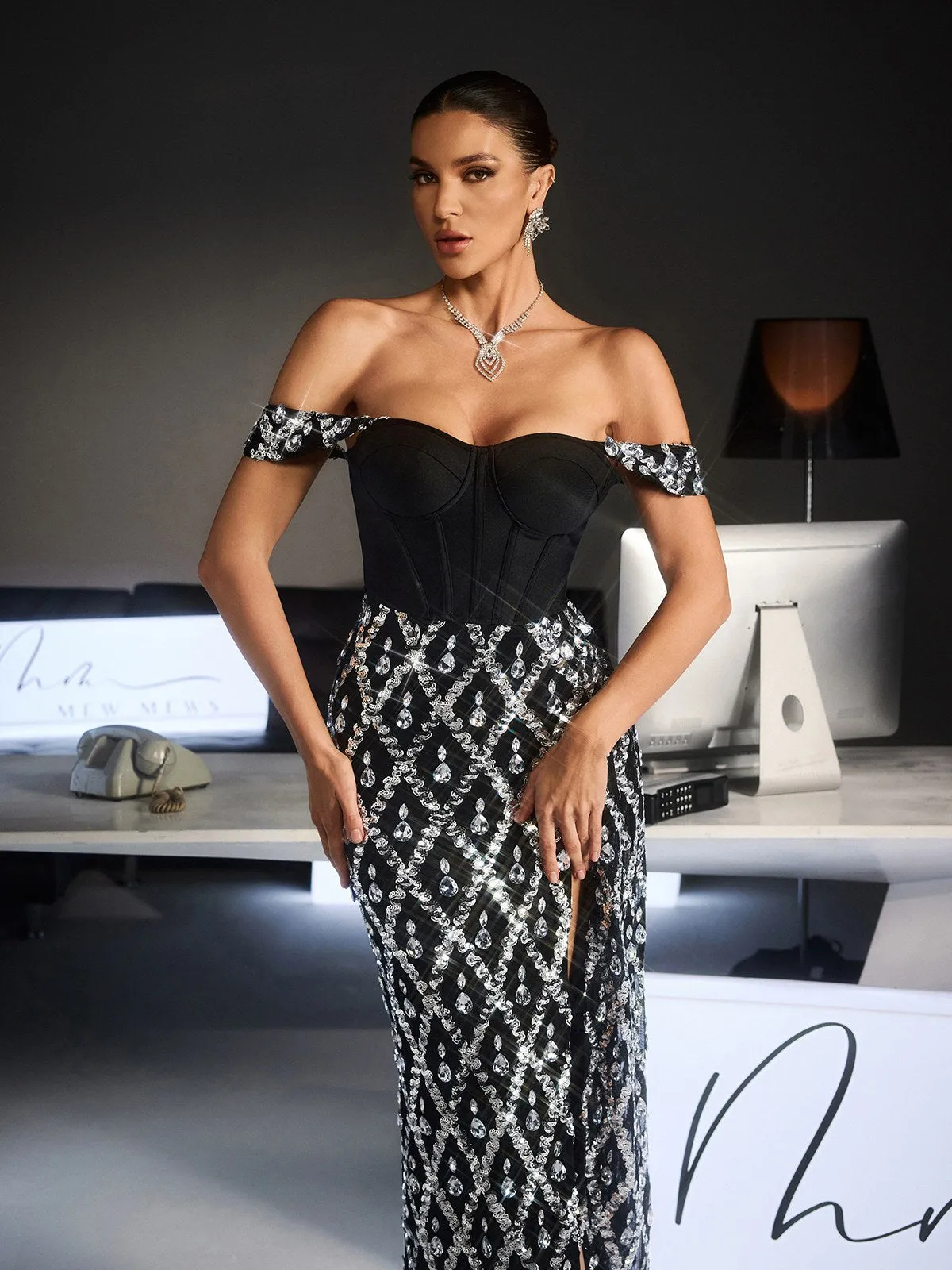 Fidan Off Shoulder Rhinestone Split Maxi Dress sold by Mew Mews product image thumbnail 5