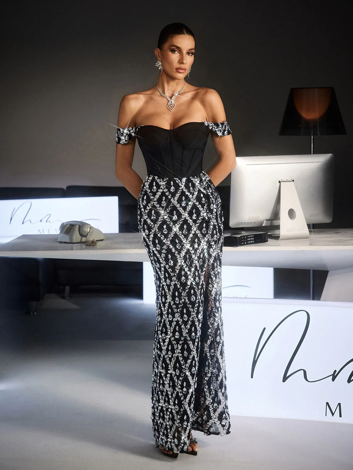 Fidan Off Shoulder Rhinestone Split Maxi Dress sold by Mew Mews product image thumbnail 4