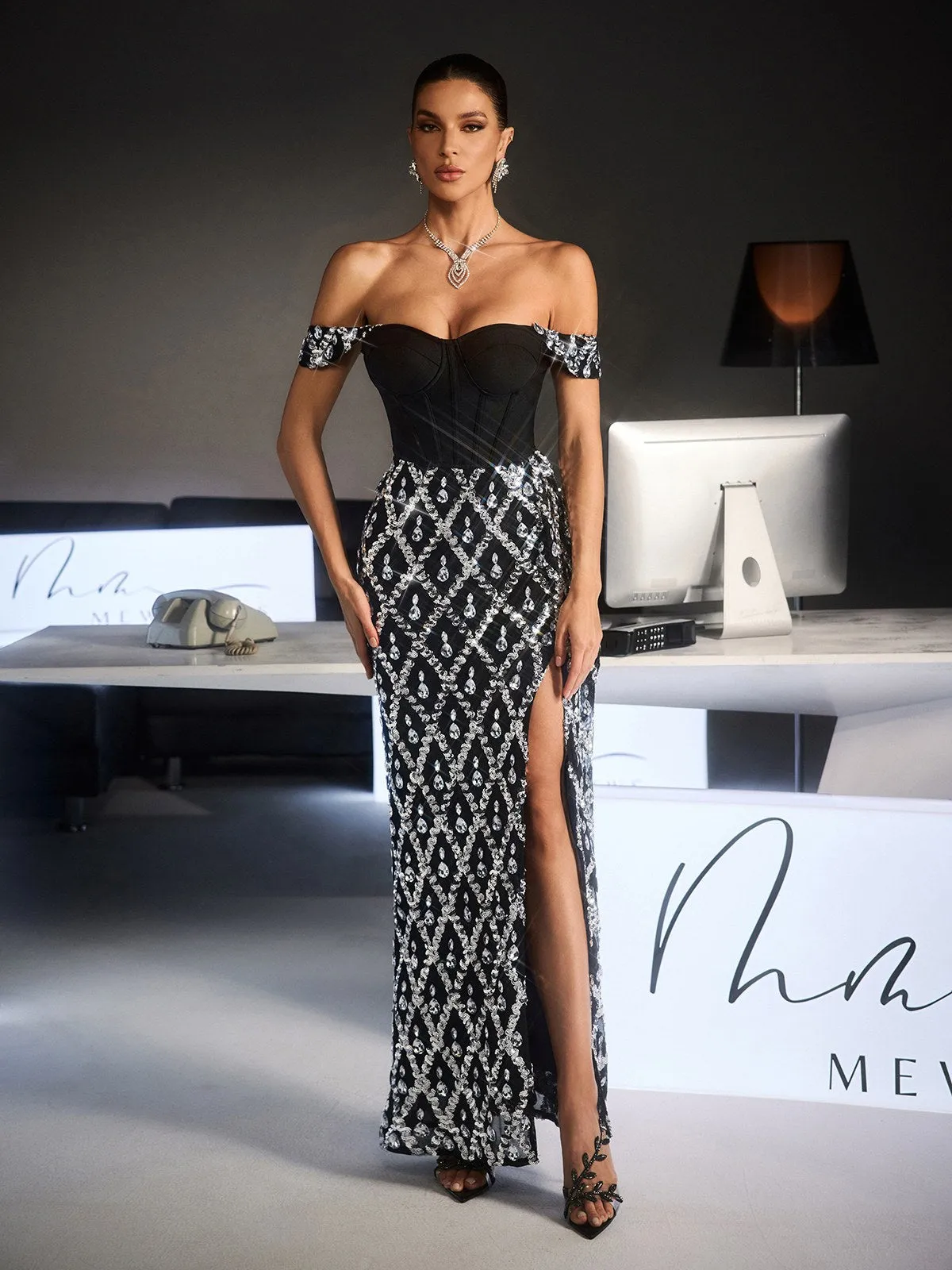 Fidan Off Shoulder Rhinestone Split Maxi Dress sold by Mew Mews