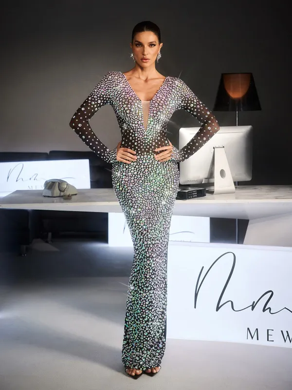Liora Sequin Crystal Draped Split Maxi Dress sold by Mew Mews