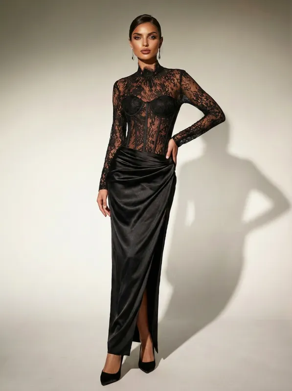 Cynosure High Neck Lace Maxi Dress In Black made by Mew Mews
