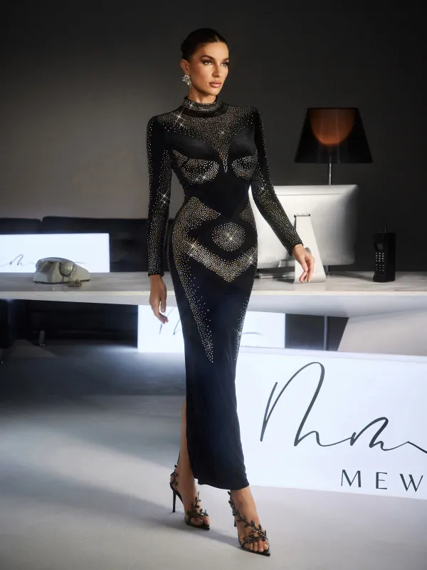 Fiammetta Long Sleeve Rhinestone Velvet Maxi Dress sold by Mew Mews