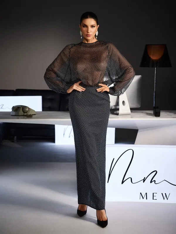 Wyvra Long Sleeve Dot Maxi Dress In Black made by Mew Mews