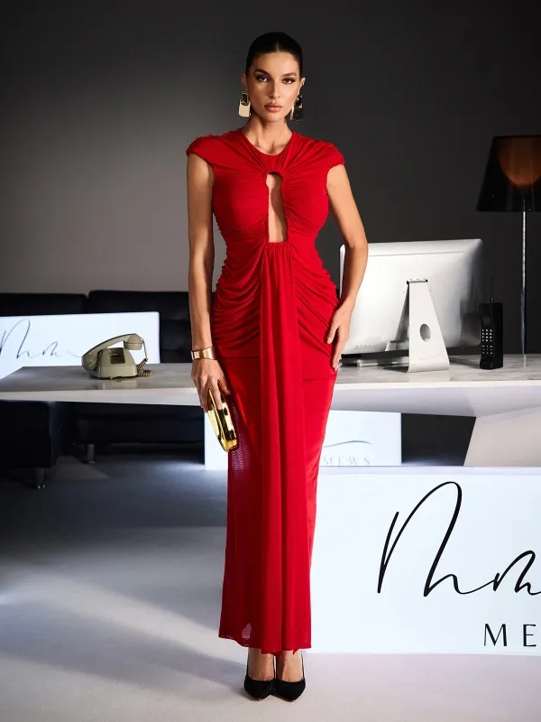 Drosyne Cutout Ruched Draped Maxi Dress In Red sold by Mew Mews