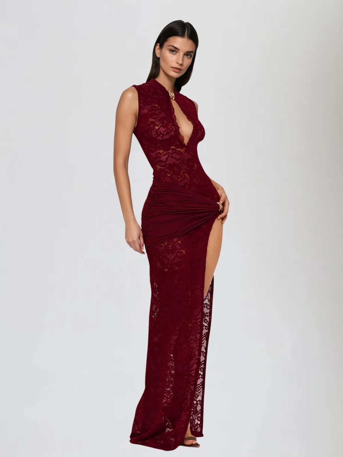Eustace Sleeveless Lace Maxi Dress In Wine sold by Mew Mews product image thumbnail 3