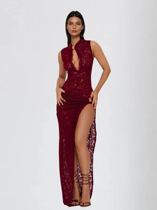 Eustace Sleeveless Lace Maxi Dress In Wine sold by Mew Mews