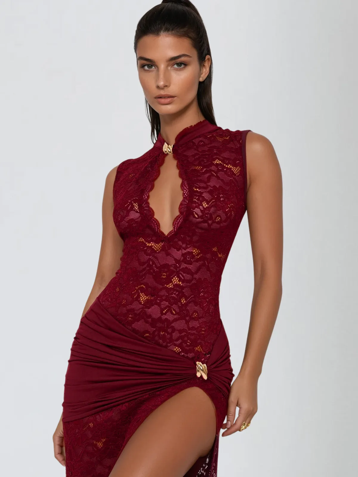 Eustace Sleeveless Lace Maxi Dress In Wine sold by Mew Mews product image thumbnail 4