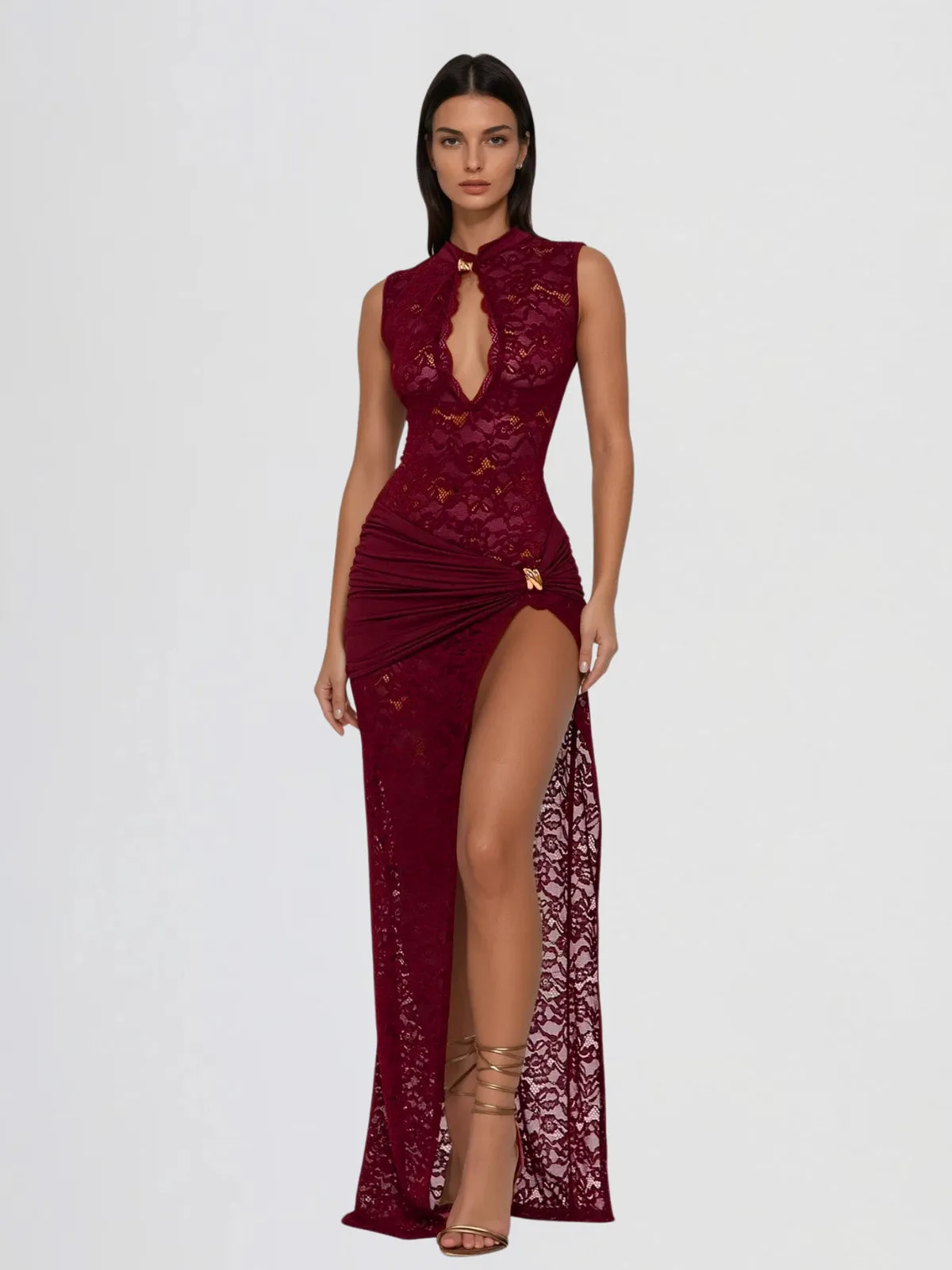 Eustace Sleeveless Lace Maxi Dress In Wine sold by Mew Mews product image thumbnail 2