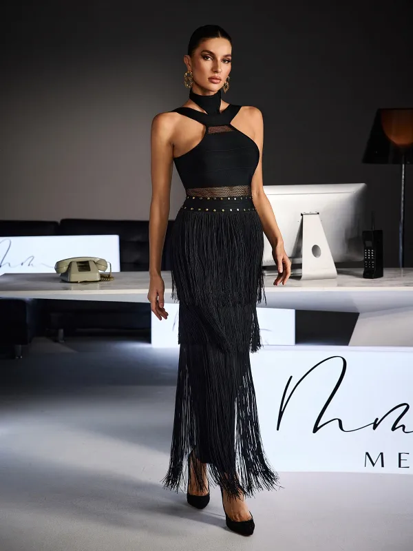 Fermin Halterneck Bandage Fringe Midi Dress sold by Mew Mews