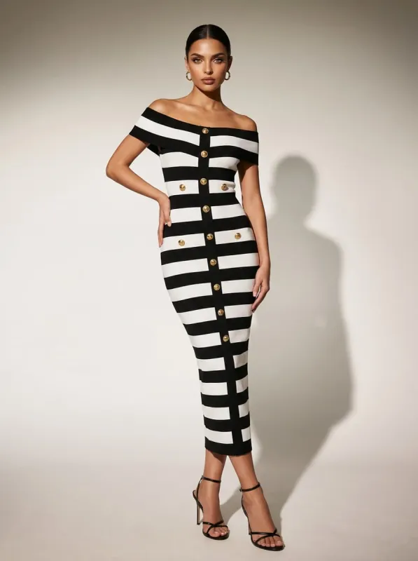 Thermohal Off Shoulder Stripe Midi Dress sold by Mew Mews
