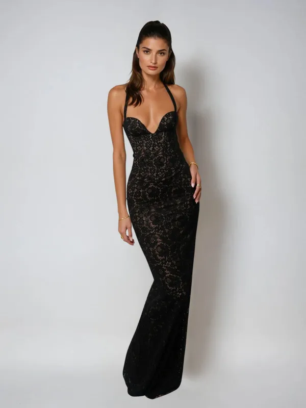 Lifshitz Halterneck Floral Lace Up Maxi Dress sold by Mew Mews