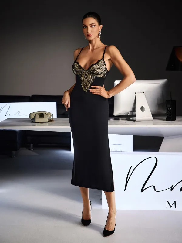 Feride Spaghetii Lace Bodycon Midi Dress sold by Mew Mews