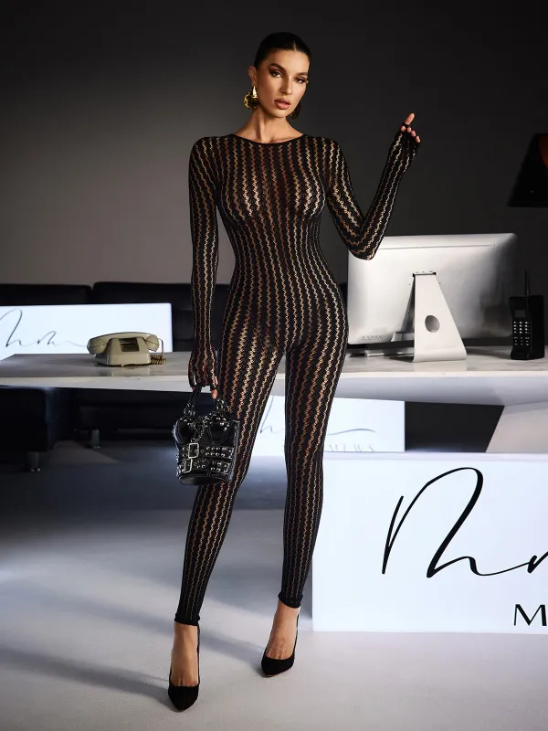 Festim Long Sleeve Floral Bodycon Jumpsuit In Black sold by Mew Mews