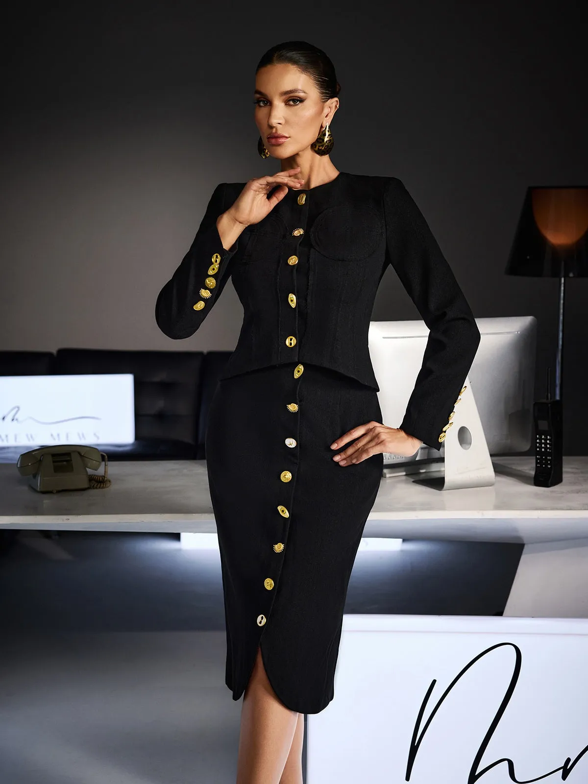 Fevziye Long Sleeve Button Lace Up Skirt Set sold by Mew Mews