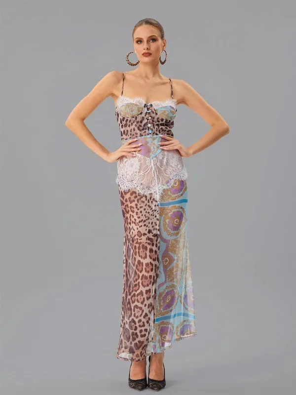 Farhod Spaghetti Leopard Lace Maxi Dress sold by Mew Mews
