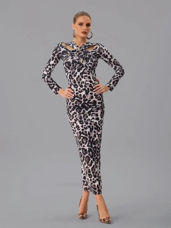 Farhan Long Sleeve Leopard Maxi Dress sold by Mew Mews